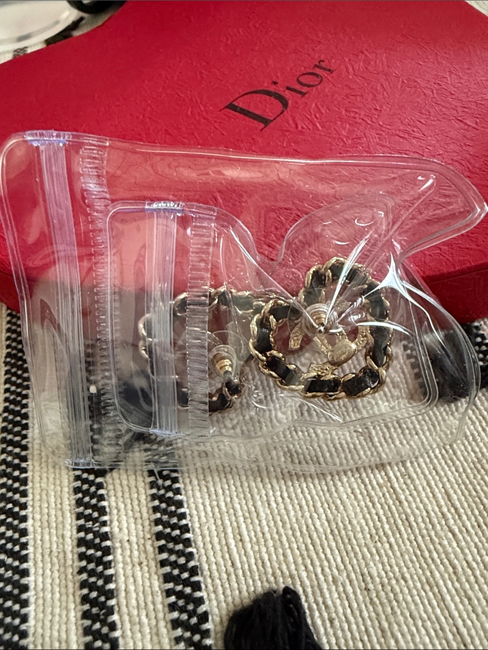 Chanel Gold-Tone Heart Earrings with Black Leather Weave and Crystal CC Logo - Picture 2 of 3